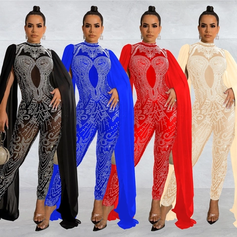Combinaison en Mesh à Strass pour Femmes Avec Manches Cape Moulante Sexy Élégante pour Soirée Fête Banquet Performance