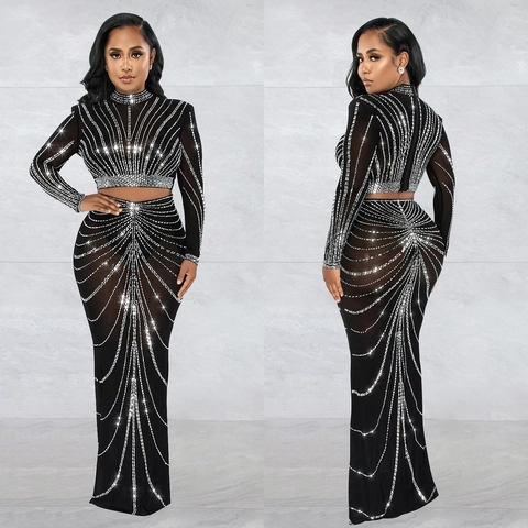 Damen Elegant Set Netzgewebe Strass Langarm Crop Top Und Enger Maxirock Party Clubwear Abend Outfit