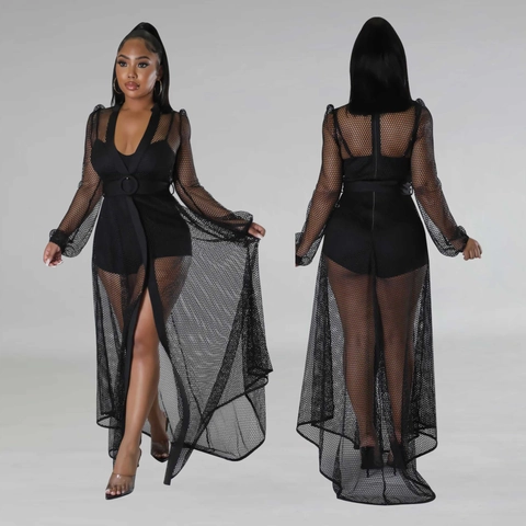 Women Sexy Mesh See Through Jumpsuit Outfit Set Long Sleeve Fishnet Cardigan And Bodysuit Two Piece With Belt For Party