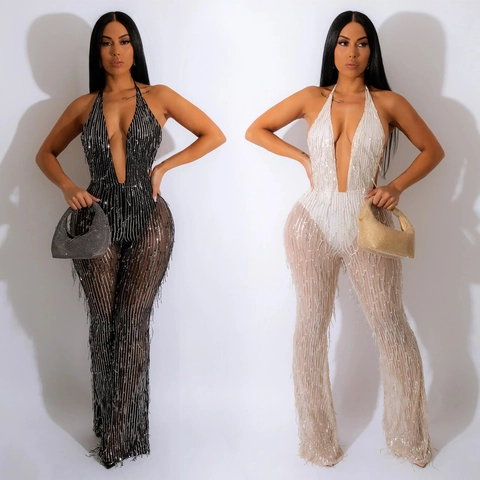 Tuta Intera Donna Sexy con Paillettes e Frange Scollo a V Profondo Halter Senza Maniche Mesh Pantaloni a Zampa
