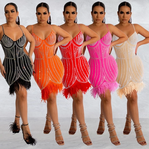 Women Sexy Spaghetti Strap Bodycon Mini Dress Sparkling Rhinestones Feather Trim Elegant V Neck Evening Party Clubwear Outfit