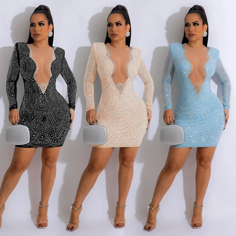 Sexy Dames Bodycon Mini Jurk Strass Mesh V-Hals Lange Mouwen Feest Avondjurk Elegant Slim Fit Clubwear Mode