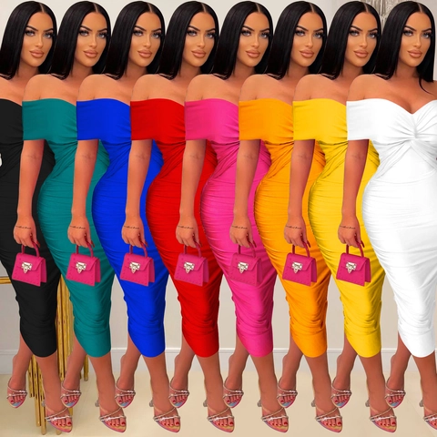 Women's Elegant Off-Shoulder Bodycon Midi Dress Ruched Twist Front Sexy Slim Fit Evening Party Clubwear Dress