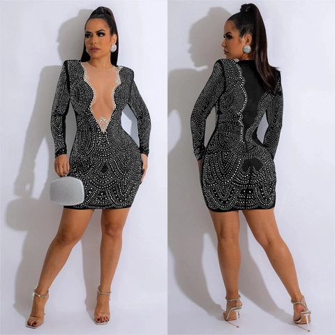 Sexy Damen Bodycon Minikleid Strass Netz V-Ausschnitt Langarm Party Abendkleid Elegant Slim Fit Clubwear Mode