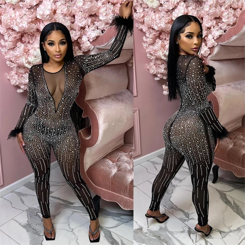 Women Sexy Mesh Rhinestone Jumpsuit V Neck Long Sleeve Feather Trim Bodycon Party Nightclub Overall Elegant Slim Romper