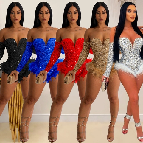 Women Sequin Feather Bodysuit With Independent Long Sleeves Off Shoulder V Neck Romper For Party Clubwear Stage Performance
