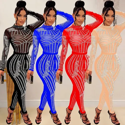 Damen Elegant Strass Netzgewebe Patchwork Jumpsuit Sexy Bodycon Langarm Party Clubwear Geometrisches Muster Slim Fit Jumpsuit