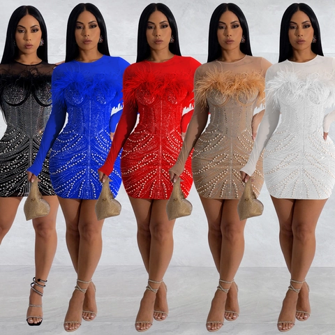 Elegante Vestido Ajustado Mini de Malla con Plumas Manga Larga Adornado con Estrás y Perlas Artificiales Vestido de Noche Sexy para Fiesta Boda Mujer