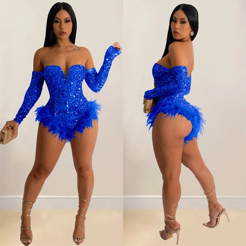 Women Sequin Feather Bodysuit With Independent Long Sleeves Off Shoulder V Neck Romper For Party Clubwear Stage Performance
