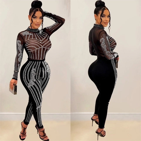 Damen Elegant Strass Netzgewebe Patchwork Jumpsuit Sexy Bodycon Langarm Party Clubwear Geometrisches Muster Slim Fit Jumpsuit