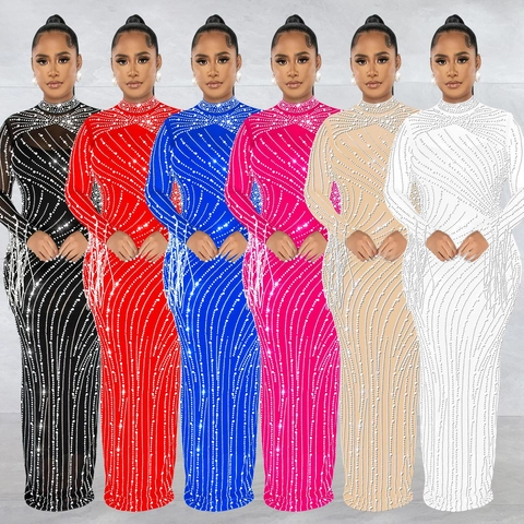 Elegante Vestido Maxi de Malla con Diamantes de Imitación Transparente Mujer Manga Larga Cuello Alto Ajustado Dos Piezas Vestido de Noche