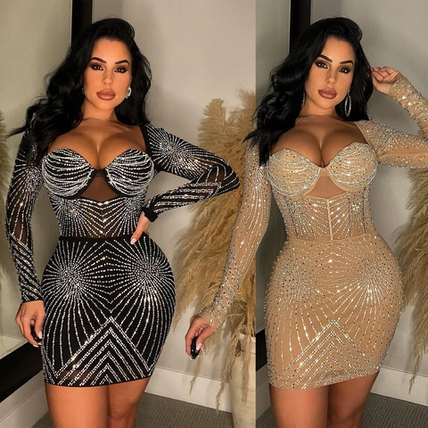 Women Mesh Rhinestone Bodycon Mini Dress Elegant Geometric Long Sleeve V-Neck Sexy Evening Party Banquet Dress