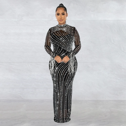 Elegante Vestido Maxi de Malla con Diamantes de Imitación Transparente Mujer Manga Larga Cuello Alto Ajustado Dos Piezas Vestido de Noche