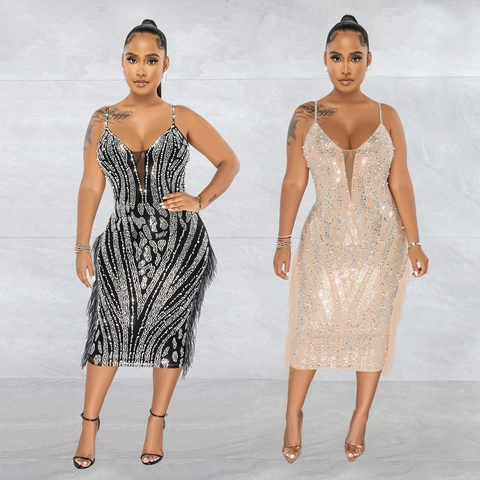 Abito Midi da Donna con Spalline Sottili Scollo a V Strass Nappe Elegante Bodycon Mesh Sera Festa Banchetto Clubwear