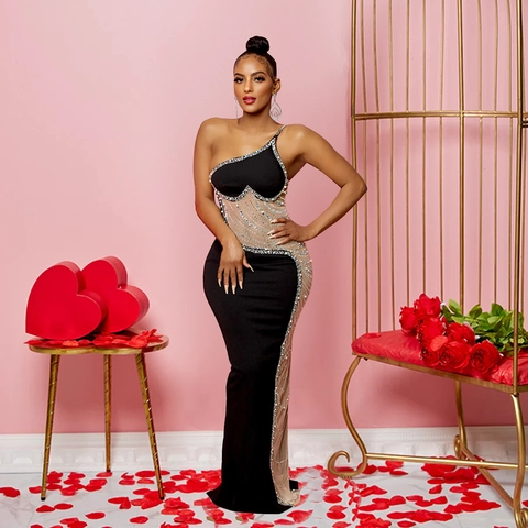 Robe Maxi Élégante Une Épaule avec Strass Sexy Patchwork en Maille Sans Manches Robe de Soirée Sirène pour Femmes Mariage