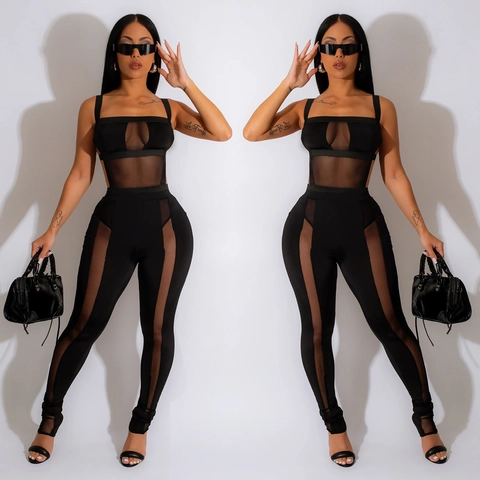 Women Sexy Mesh Splicing Top And Pants Sleeveless Hollow Out Crop Top Slim Fit High Waist Nightclub Party Outfits