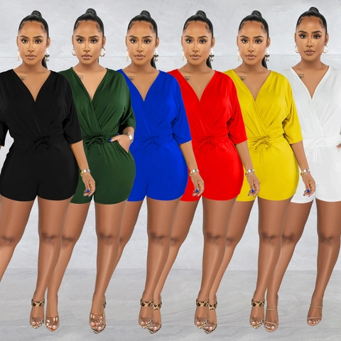 Women Fashion V-Neck Half Sleeve Romper Solid Color Polyester Spandex Lace-Up Slim Fit Jumpsuit Shorts Playsuit For Daily Vacation