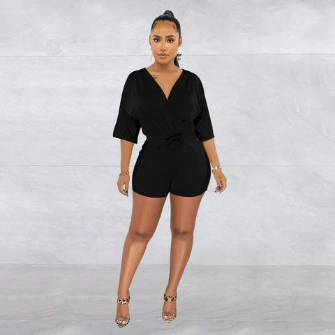 Women Fashion V-Neck Half Sleeve Romper Solid Color Polyester Spandex Lace-Up Slim Fit Jumpsuit Shorts Playsuit For Daily Vacation