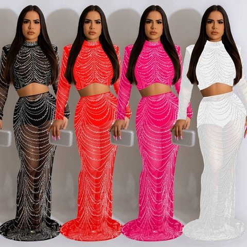 Elegante Conjunto de Dos Piezas de Malla con Strass Mujer Crop Top y Falda Larga de Sirena Traje de Fiesta Banquete Negro Rojo