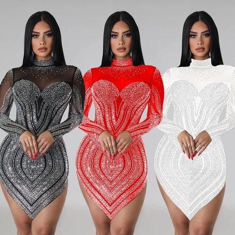 Women Sexy Rhinestone Mesh Bodycon Mini Dress Long Sleeve High Neck Party Club Evening Dress Solid Color See Through Sequin Dress