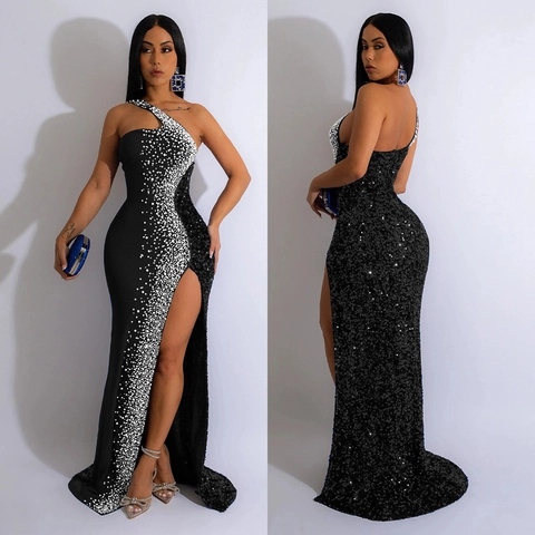 Damen Eleganter Ein-Schulter Abendkleid Pailletten Strass Schlanke Passform Maxikleid Für Hochzeit Party Bankett