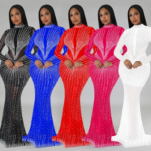 Elegant Women Mesh Rhinestone Maxi Dress Slim Fit Mermaid Long Sleeve High Neck Evening Banquet Party Sexy Bodycon Gown