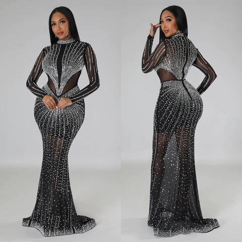 Elegant Women Mesh Rhinestone Maxi Dress Slim Fit Mermaid Long Sleeve High Neck Evening Banquet Party Sexy Bodycon Gown
