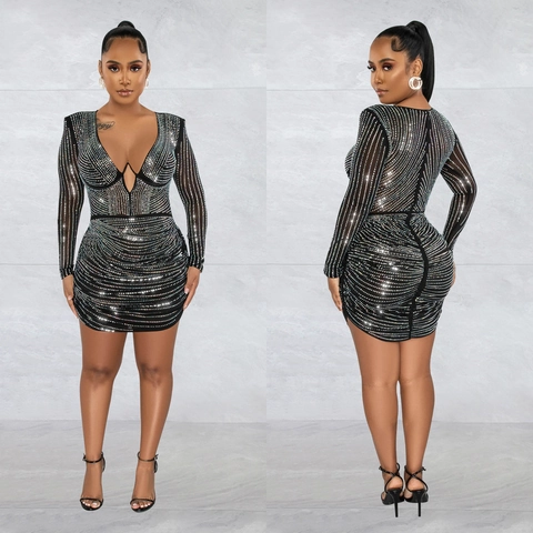 Sexy Dames Diepe V-hals Lange Mouwen Strass Mini Jurk Elegant Geplooid Bodycon Feest Nachtclub Mesh Avondjurk