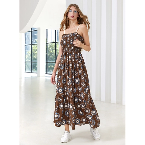 Women Bohemian Floral Print Maxi Dress Brown Spaghetti Strap Smocked Tiered A-Line Summer Vacation Beach Dress Backless