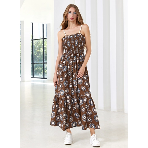 Women Bohemian Floral Print Maxi Dress Brown Spaghetti Strap Smocked Tiered A-Line Summer Vacation Beach Dress Backless