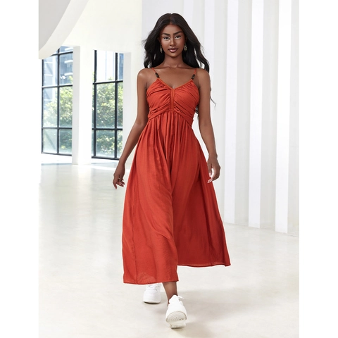 Abito Lungo Sexy da Donna con Scollo a V e Spalline Sottili Schiena Scoperta Plissettato Tinta Unita Vacanza