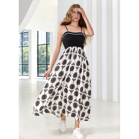 Women Summer Stitching Spaghetti Strap Floral Maxi Dress Elegant High Waist Contrast Color Vacation Style Long A-Line Dress