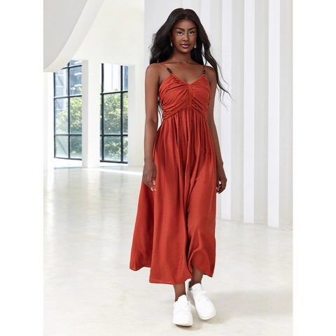 Abito Lungo Sexy da Donna con Scollo a V e Spalline Sottili Schiena Scoperta Plissettato Tinta Unita Vacanza