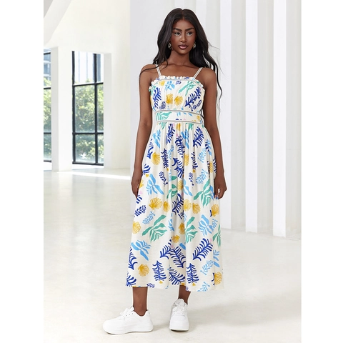Abito Maxi Cami da Donna con Stampa di Foglie Tropicali Spalline Sottili Schiena Scoperta Vita Arricciata Estate Vacanza Lungo A-Line