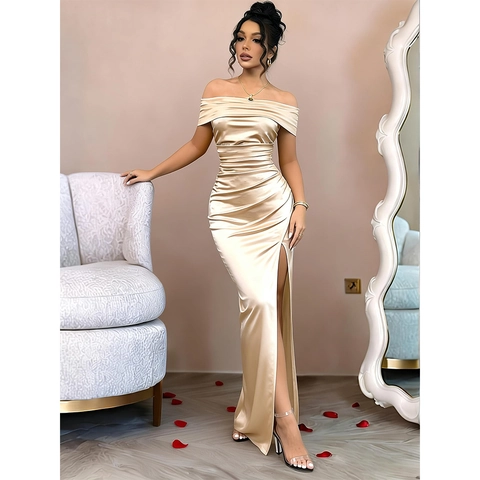 Elegantes Champagner-Gold-Satin Schulterfreies Gerafftes Abendkleid Für Damen Mit Hohem Seitenschlitz Bodenlanges Party-Maxikleid