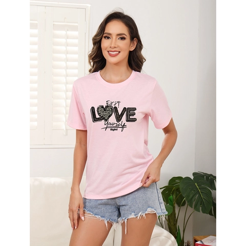 Women Casual Crew Neck Short Sleeve T-Shirt Pink White Letter Heart Printed Cotton Blend Loose Summer Tee Top for Women