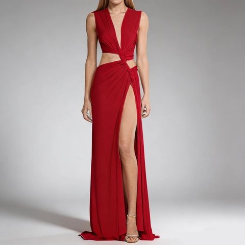 Damen Sexy Tiefer V Ausschnitt Maxi Kleid Schlitz Ärmellos Bodenlang Party Clubwear Abendkleid