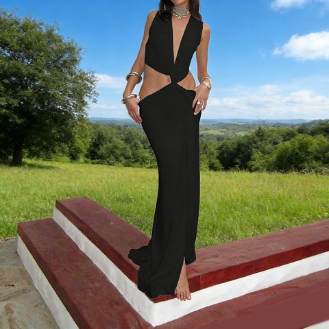 Damen Sexy Tiefer V Ausschnitt Maxi Kleid Schlitz Ärmellos Bodenlang Party Clubwear Abendkleid