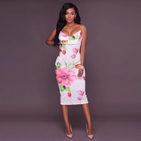 Women Sexy Tube Top Bodycon Midi Dress Floral Print Draped Neck Slim Fit Back Slit Elegant Summer Party Clubwear