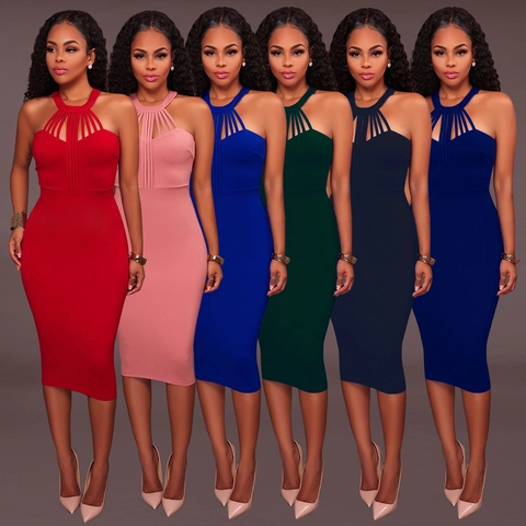 Women Sexy Halter Hollow Bodycon Midi Dress Sleeveless Back Zipper Split Elegant Party Club High Waist Pencil Dress