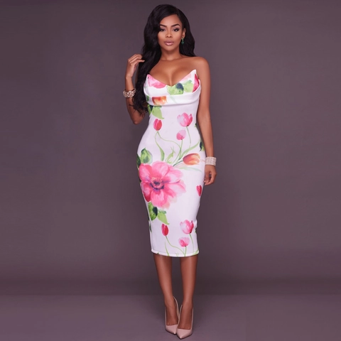 Women Sexy Tube Top Bodycon Midi Dress Floral Print Draped Neck Slim Fit Back Slit Elegant Summer Party Clubwear