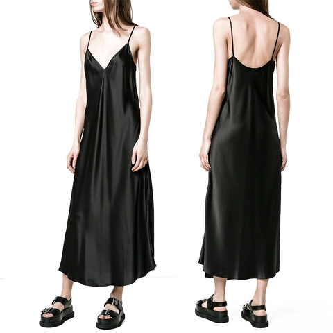 Sexy V-Ausschnitt Schwarz Satin Trägerkleid Damen Elegant Rückenfrei Spaghetti-Träger Maxi Slipkleid Sommer Party Langes Kleid