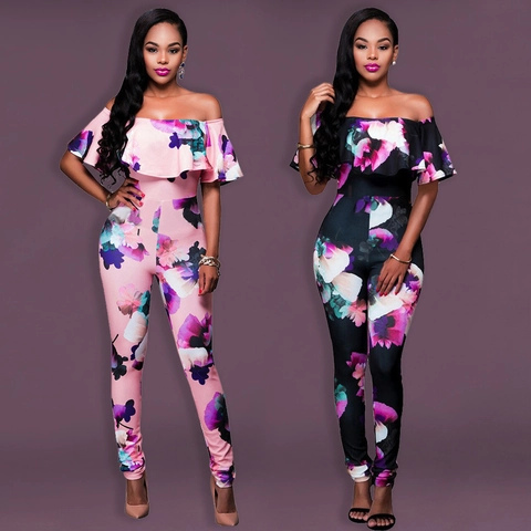Damen Sexy Schulterfrei Rüschen Blumendruck Jumpsuit Schlanke Passform Casual Lange Romper Elegant Sommerurlaub Party Beachwear