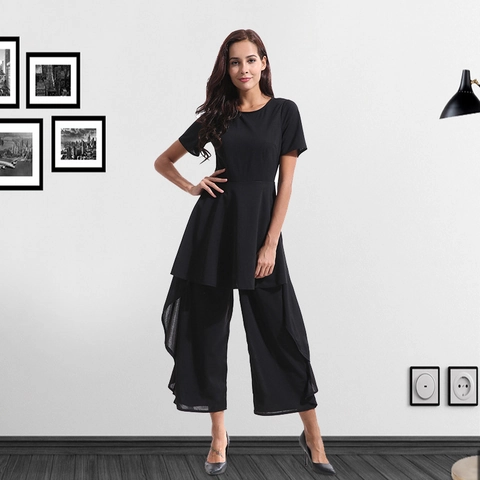 Tuta da Donna Elegante a Maniche Corte a Vita Alta a Gamba Larga Estate Tinta Unita Allentata Casual Intera Pantaloni Lunghi