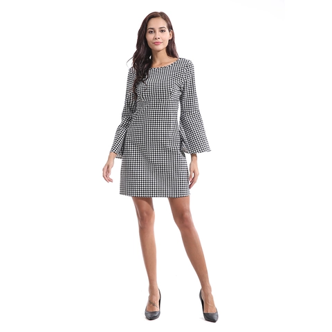 Vintage Hahnentritt-Druck Glockenärmel Minikleid Für Damen Rundhalsausschnitt Slim Fit Bodycon Bleistiftkleid Büro Party