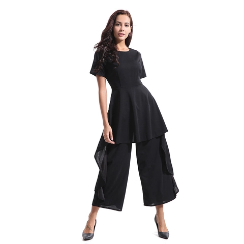 Tuta da Donna Elegante a Maniche Corte a Vita Alta a Gamba Larga Estate Tinta Unita Allentata Casual Intera Pantaloni Lunghi