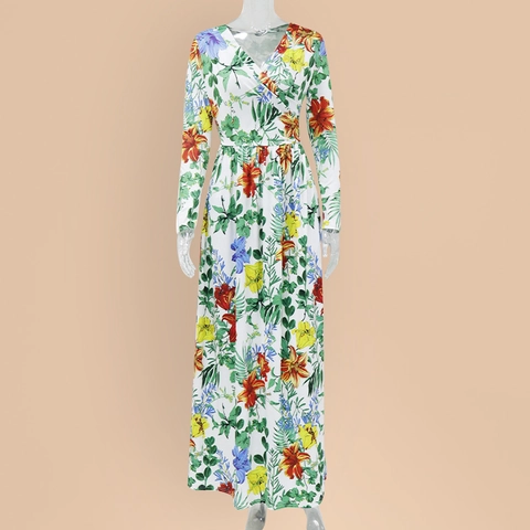 Abito Maxi da Donna con Stampa Floreale Tropicale Scollo a V Manica Lunga Vita Alta Elastica Boho Poliestere Estate