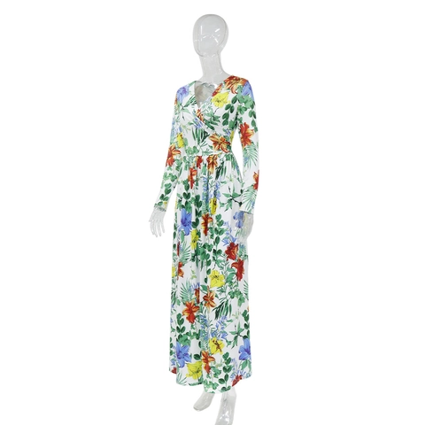 Abito Maxi da Donna con Stampa Floreale Tropicale Scollo a V Manica Lunga Vita Alta Elastica Boho Poliestere Estate