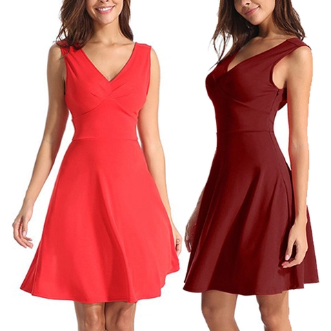 Women's Elegant V-Neck Sleeveless A-Line Midi Dress Solid Color Slim Fit Pleated Cocktail Party Evening Dress