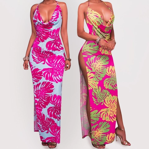 Damen Sexy Neckholder Tief V Rückenfrei Tropischer Druck Maxi Kleid Hoher Schlitz Sommerurlaub Elegant Ärmelloses Langes Kleid